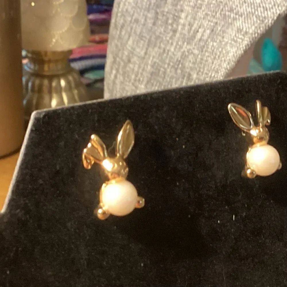 Avon Brand Goldtone and Faux White Pearl Bunny Earrings